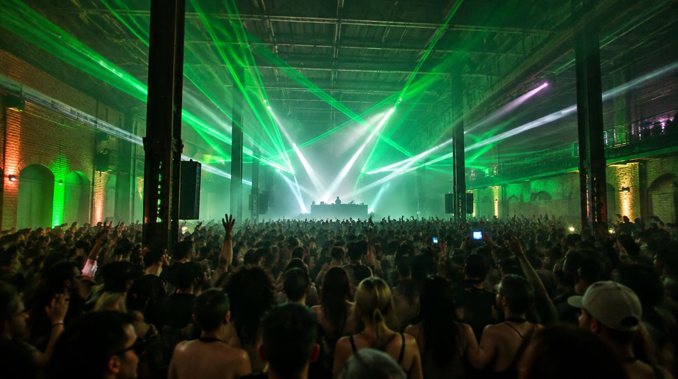AI illustration of a warehouse rave with green lasers